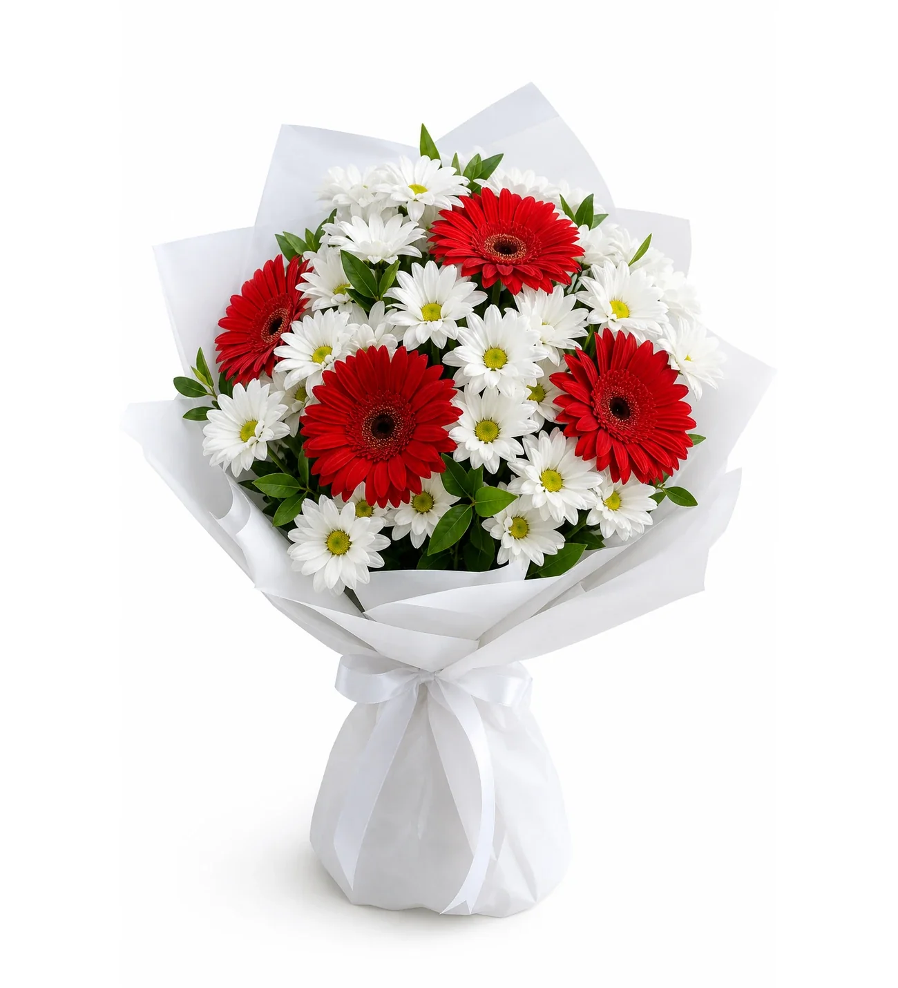 Beyaz Bukette Beyaz Papatya ve Kırmızı Gerbera