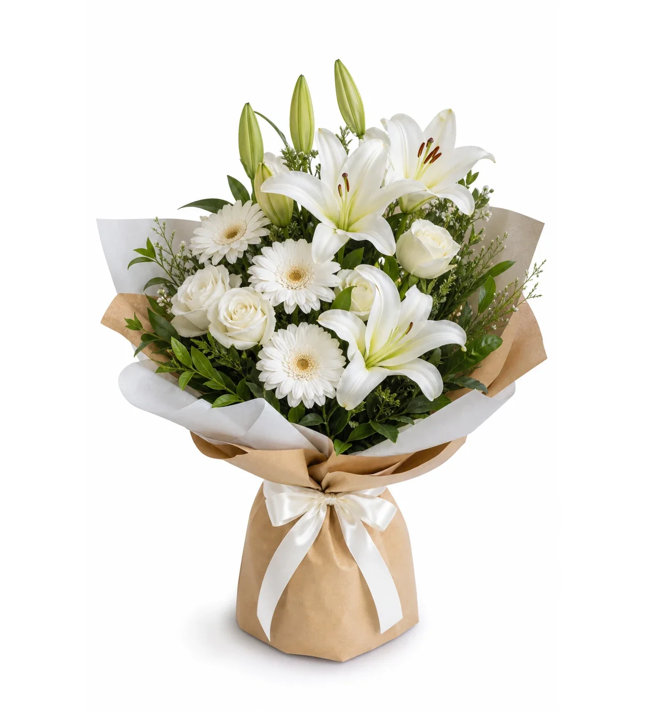 Beyaz Lilyum Gerbera ve Güller