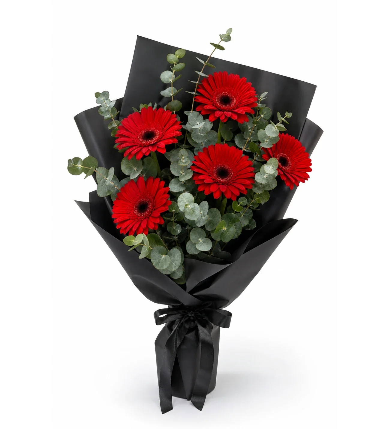 Siyah Buket Kağıdında Kırmızı Gerbera ve Okaliptus
